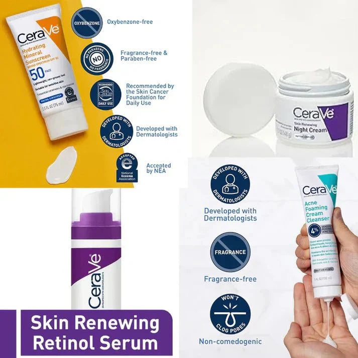 CeraVe 4-in-1 Skincare Kit – Cleanser, Serum, Night Cream & Sunblock for Radiant, Healthy Skin