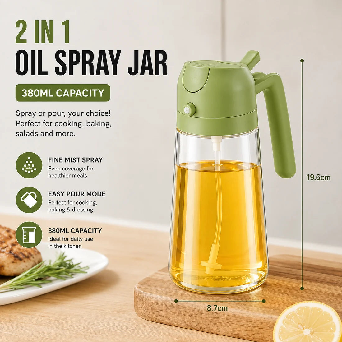2-in-1 Oil Spray Bottle – Cooking Oil Sprayer for Kitchen, Air Fryer & BBQ