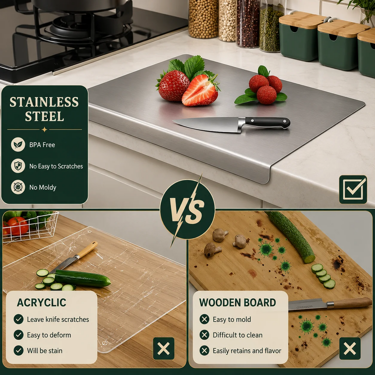 Stainless Steel Cutting Board | Heavy Duty Kitchen Chopping Board
